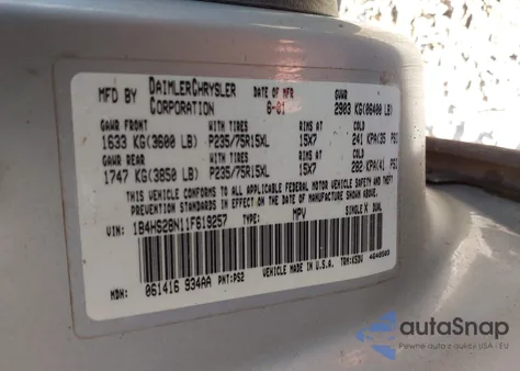 2001 Dodge Durango from USA, damaged, VIN 1B4HS28N11F619257